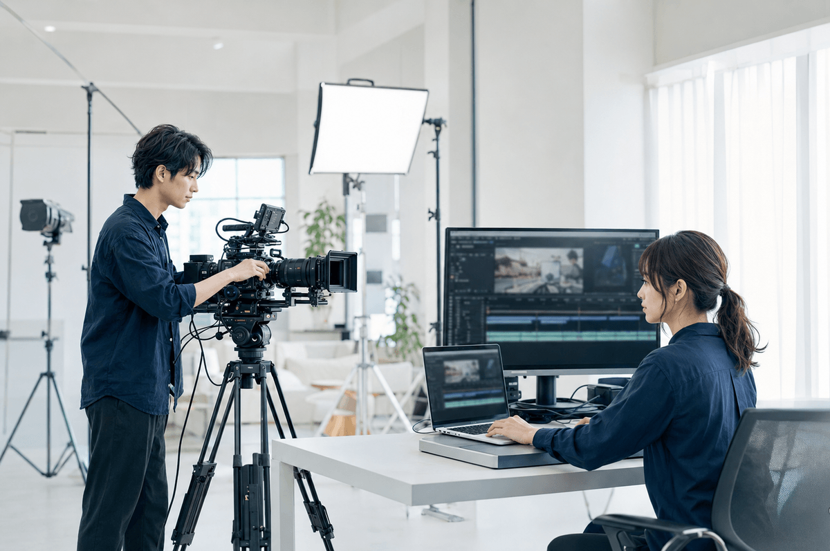 撮影用カメラと編集モニターが並ぶ動画制作スタジオ